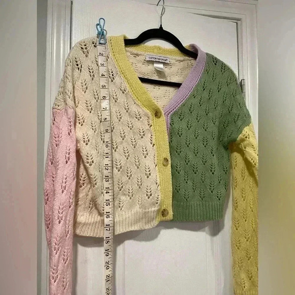 Cotton Emporium Cropped Open Knit Color Block V Neck Button Cardigan Size M - Picture 7 of 8